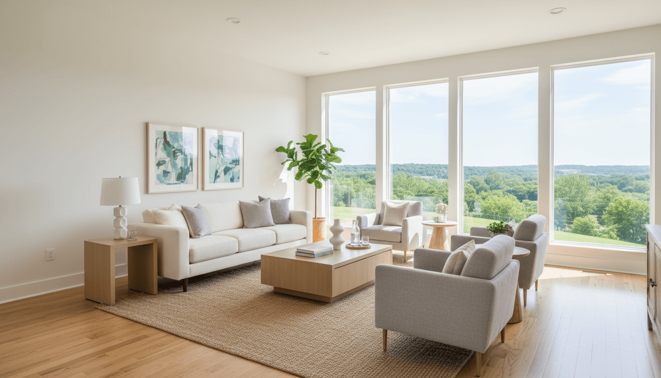 Clean, bright Nashville home interior with polished floors and organized living room